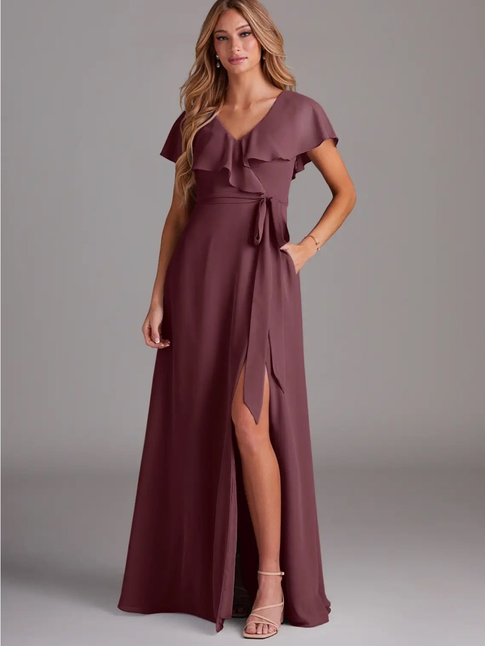 Azazie Lainey Stretch Satin A-Line Dress in Sangria with Pockets Size 12/14